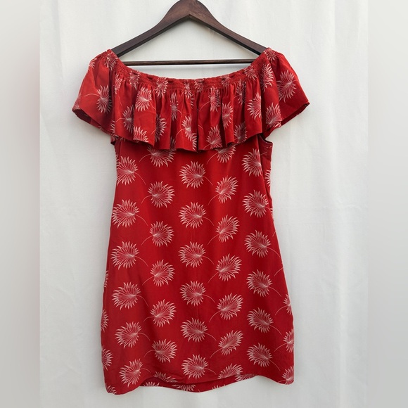 Madewell 100% Silk Red Palm Print Off Shoulder Dress Medium - Picture 2 of 10